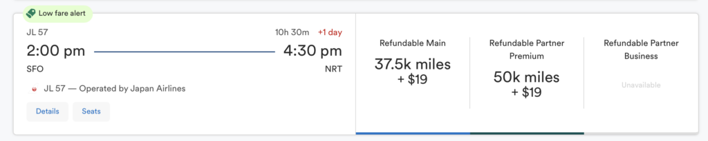 The image shows a flight booking summary for Japan Airlines flight JL 57 from San Francisco (SFO) to Narita (NRT). The departure time is 2:00 pm, and the arrival time is 4:30 pm the next day, with a flight duration of 10 hours and 30 minutes. There is a "Low fare alert" label. The fare options include "Refundable Main" for 37.5k miles plus $19, "Refundable Partner Premium" for 50k miles plus $19, and "Refundable Partner Business," which is unavailable. There are buttons for "Details" and "Seats."